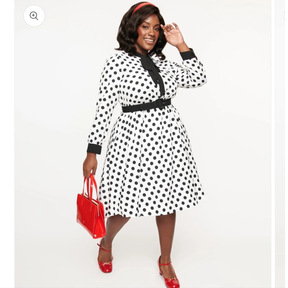 Unique Vintage Plus Size 1950s White & Black Polka Dot Tie Neck Swing Dress